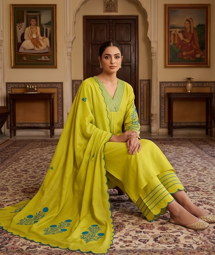 Mal Chanderi v neck blue emb. sleeve n dupatta