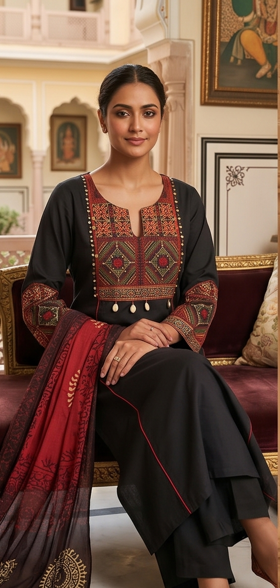 Fancy neck yoke kantha emb cotton suit with Dupatta