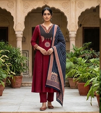 Gurjari print and applique work neck yoke with dupatta