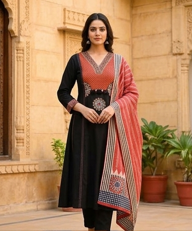 Gurjari print and applique work neck yoke with dupatta