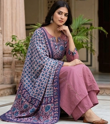 Azrak yoke with kantha stitch front n back with cotton dupatta