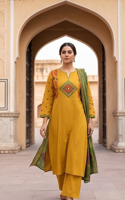 Square yoke with sleeve embroidery and green dupatta
