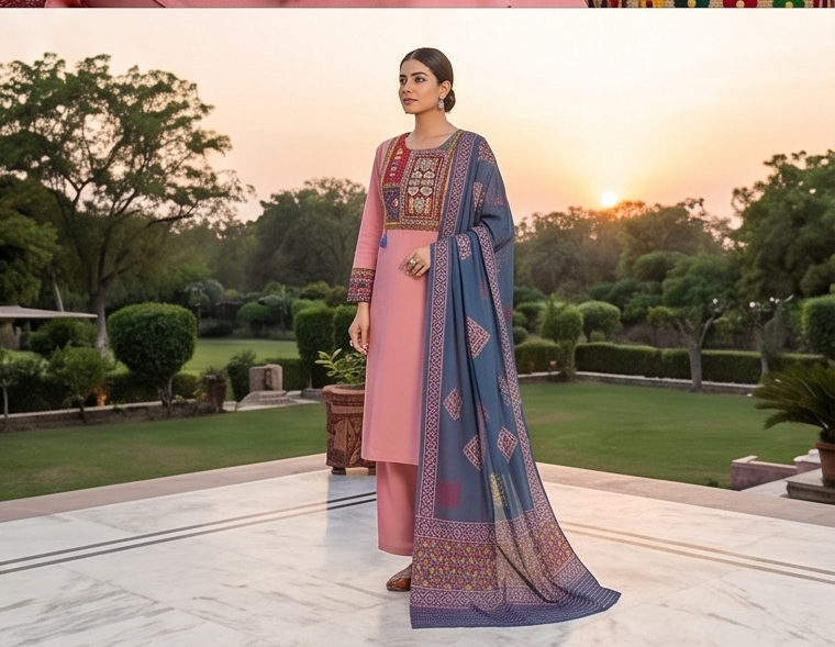 Maroon yoke aline kurta with blue dupatta