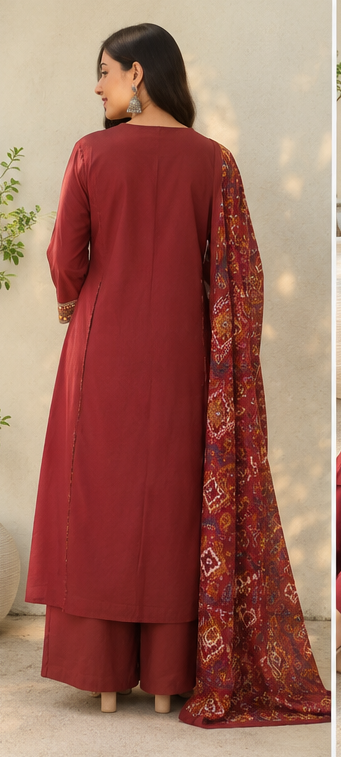 Fancy cotton desiner suit V neck with dupatta