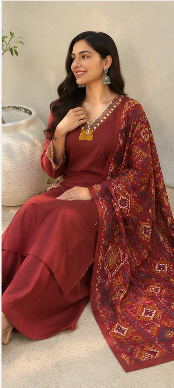 Fancy cotton desiner suit V neck with dupatta