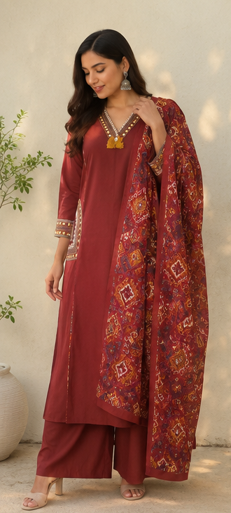 Fancy cotton desiner suit V neck with dupatta