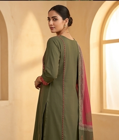 Fancy neck yoke mirror emb cotton suit with Dupatta