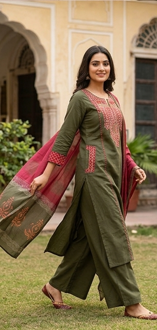 Fancy neck yoke mirror emb cotton suit with Dupatta