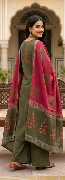Fancy neck yoke mirror emb cotton suit with Dupatta