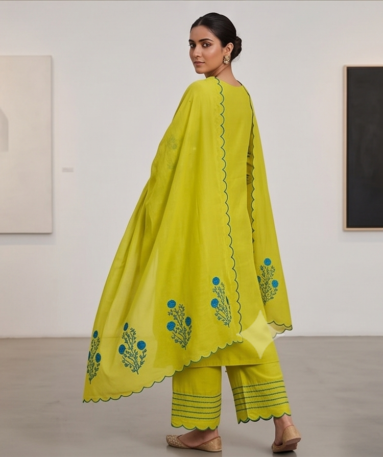 Mal Chanderi v neck blue emb. sleeve n dupatta