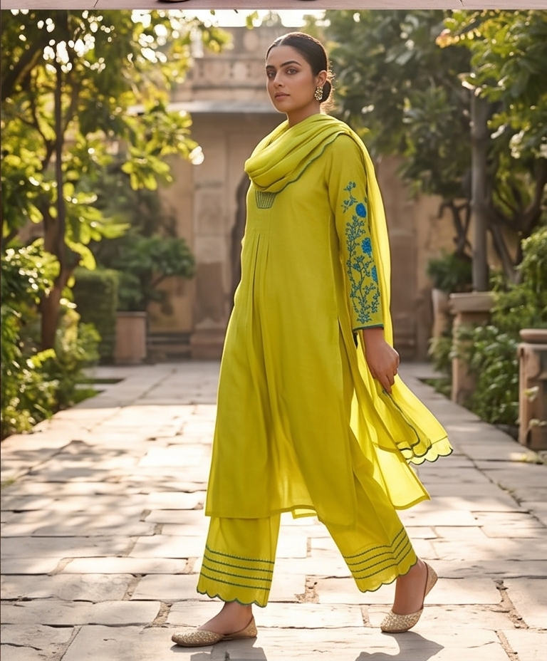 Mal Chanderi v neck blue emb. sleeve n dupatta