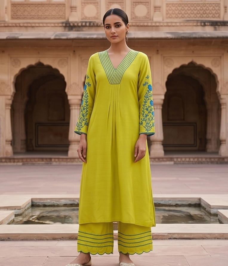 Mal Chanderi v neck blue emb. sleeve n dupatta