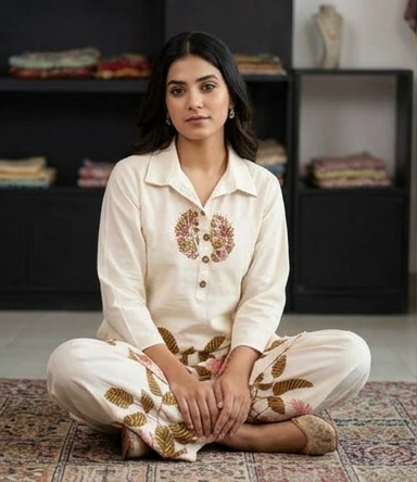 Cord set printed with neck embroidery