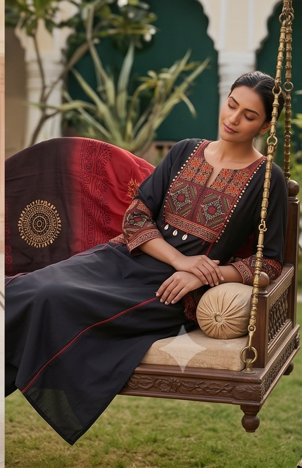 Fancy neck yoke kantha emb cotton suit with Dupatta