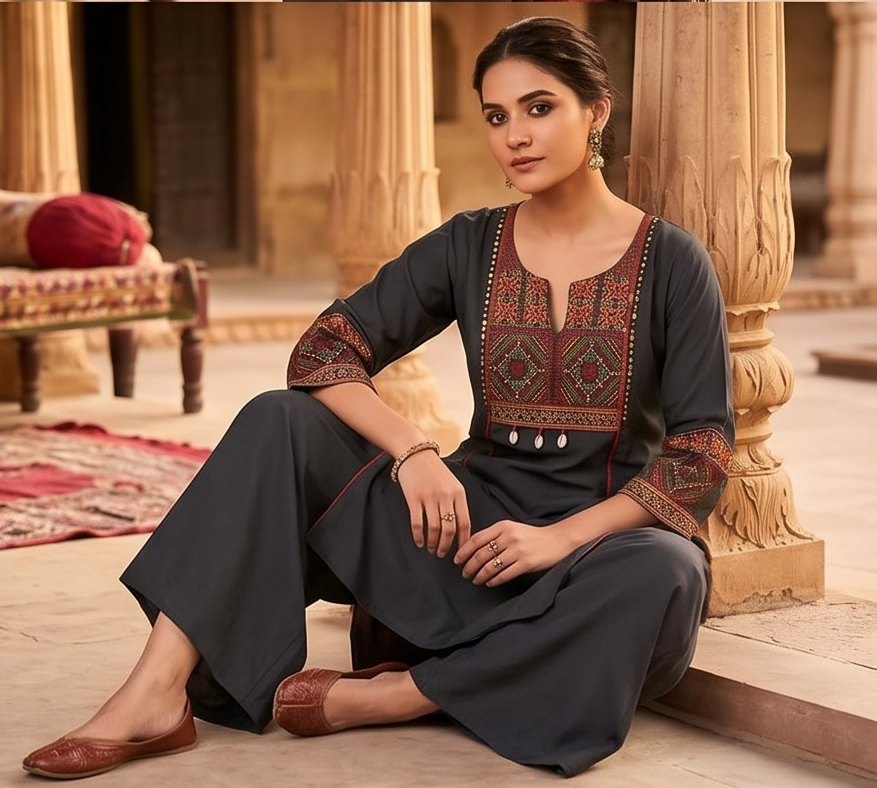 Fancy neck yoke kantha emb cotton suit with Dupatta