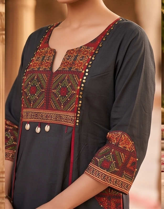 Fancy neck yoke kantha emb cotton suit with Dupatta