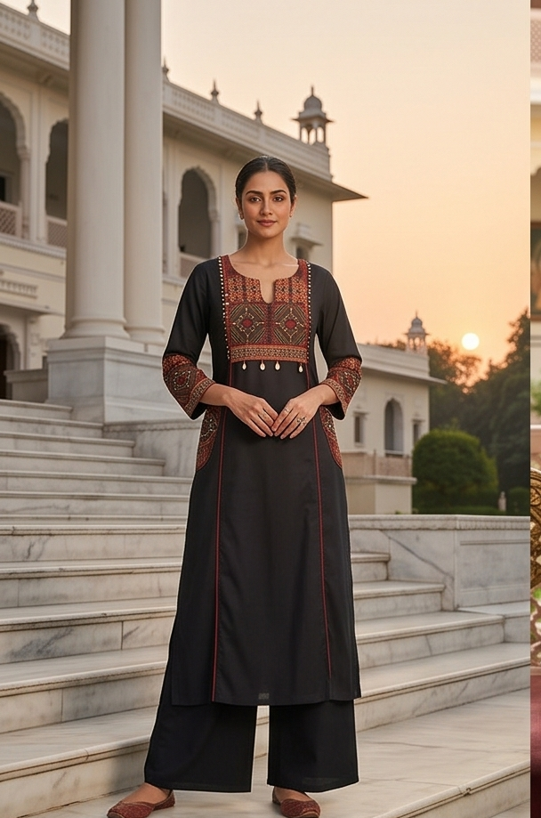 Fancy neck yoke kantha emb cotton suit with Dupatta