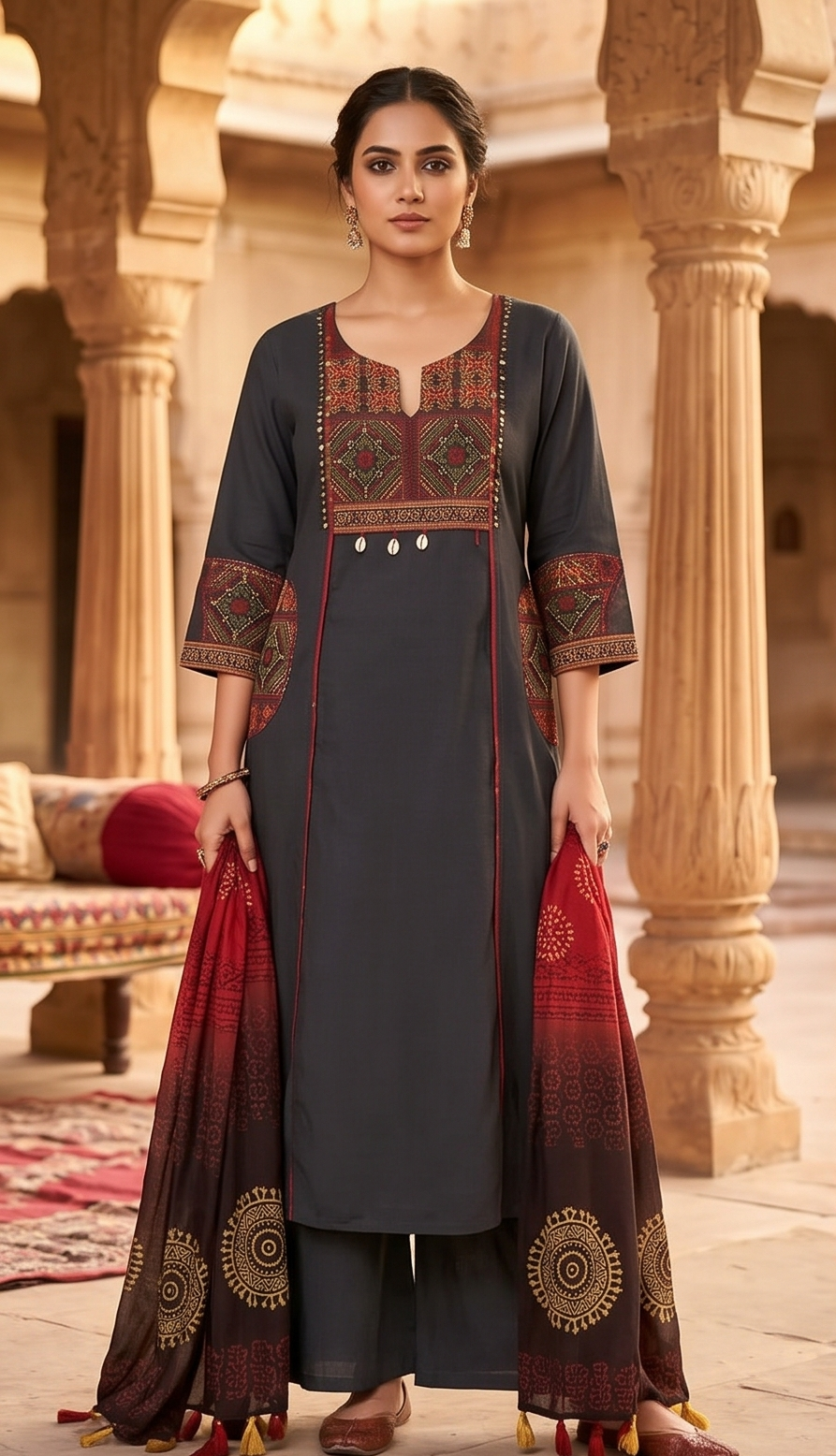 Fancy neck yoke kantha emb cotton suit with Dupatta
