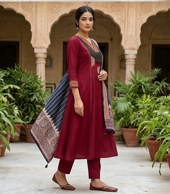 Gurjari print and applique work neck yoke with dupatta
