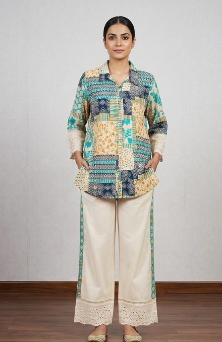 Hakoba cotton printed cord set offwhite
