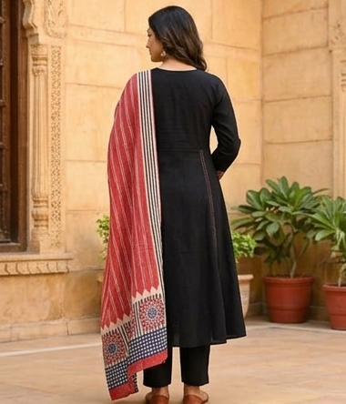 Gurjari print and applique work neck yoke with dupatta