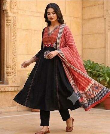 Gurjari print and applique work neck yoke with dupatta