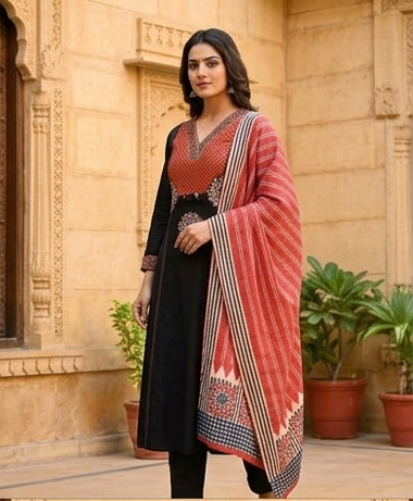 Gurjari print and applique work neck yoke with dupatta