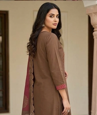 Fancy neck yoke mirror emb cotton suit with Dupatta