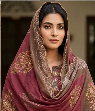 Fancy neck yoke mirror emb cotton suit with Dupatta