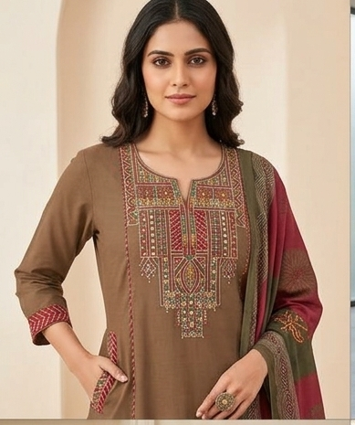 Fancy neck yoke mirror emb cotton suit with Dupatta
