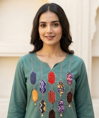 Azrak Applique on neck with cotton dupatta
