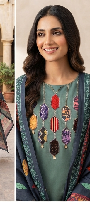 Azrak Applique on neck with cotton dupatta