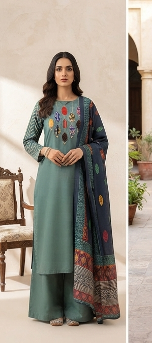 Azrak Applique on neck with cotton dupatta