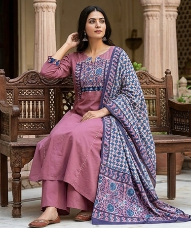 Azrak yoke with kantha stitch front n back with cotton dupatta