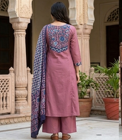Azrak yoke with kantha stitch front n back with cotton dupatta