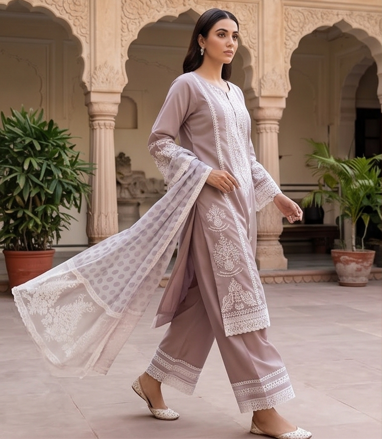 Pink n Lilac white embroidery with Polka dupatta
