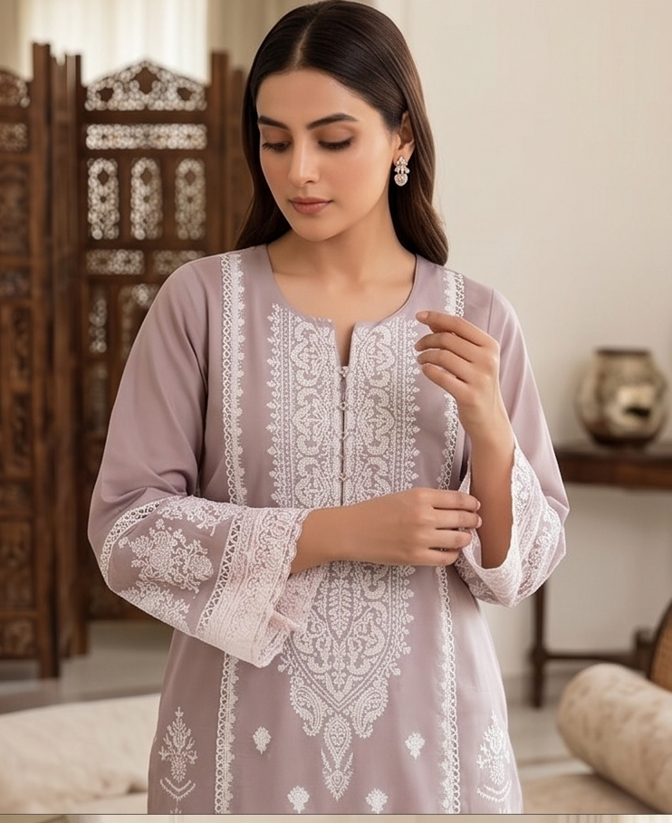 Pink n Lilac white embroidery with Polka dupatta