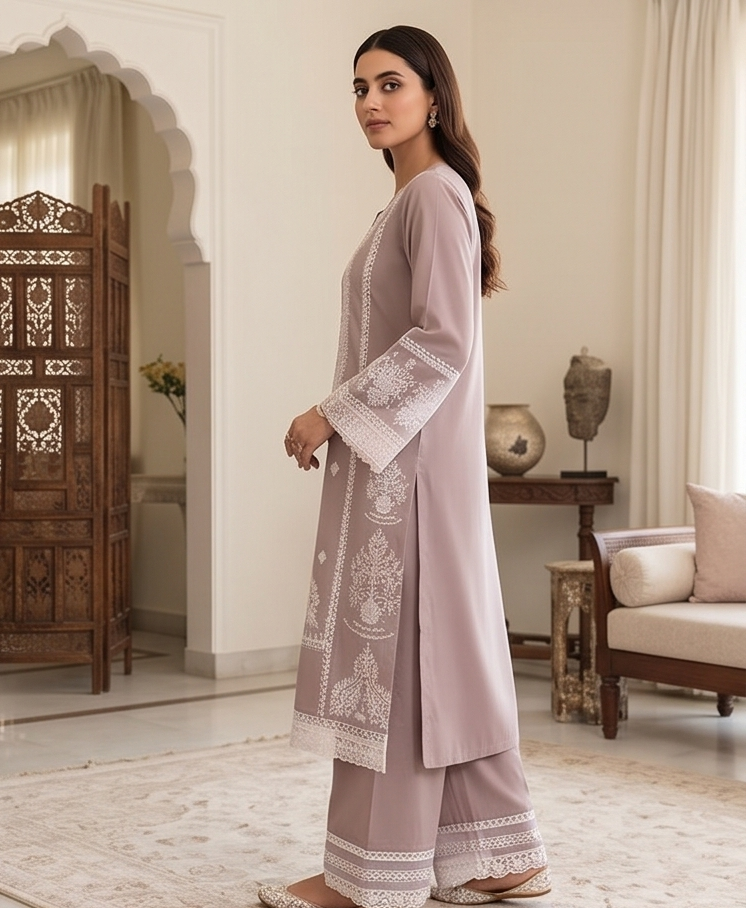 Pink n Lilac white embroidery with Polka dupatta