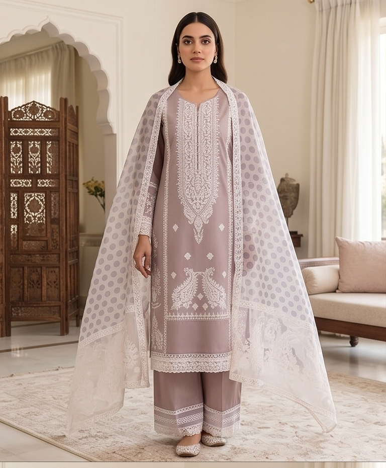 Pink n Lilac white embroidery with Polka dupatta