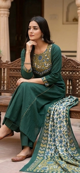Azrak yoke with kantha stitch front n back with cotton dupatta