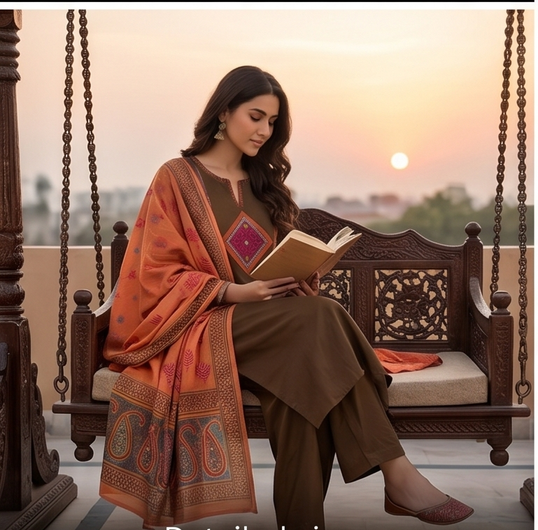 Square yoke with sleeve embroidery and orange dupatta