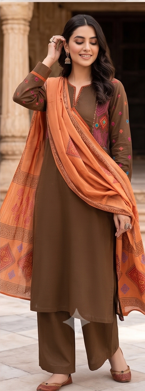 Square yoke with sleeve embroidery and orange dupatta