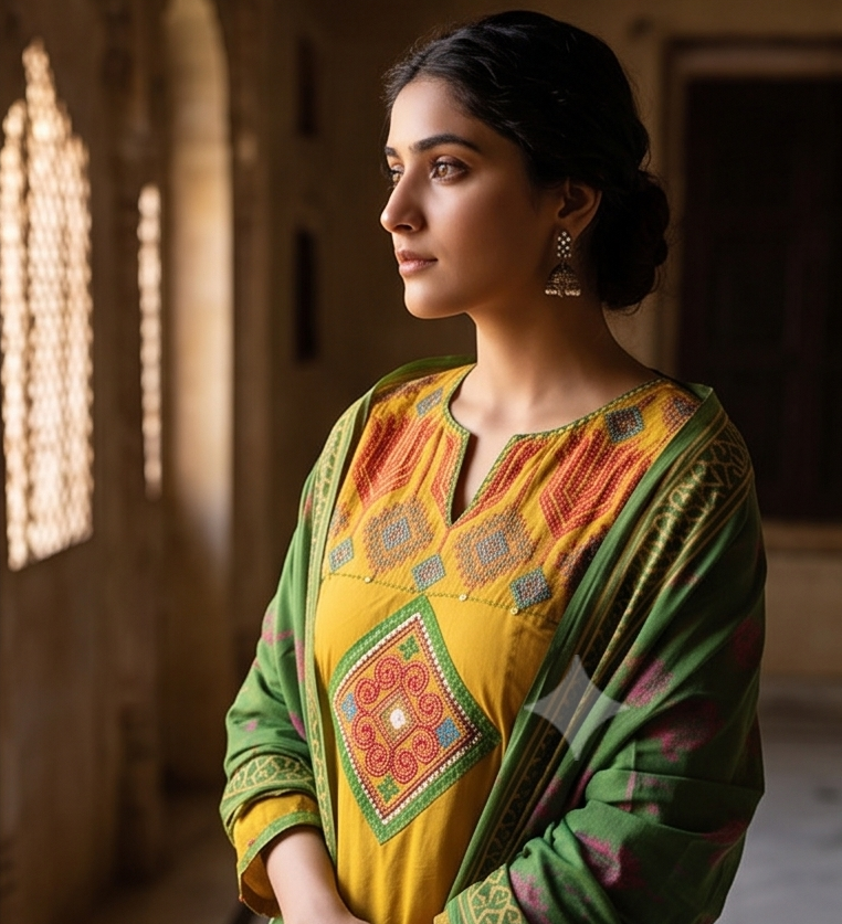 Square yoke with sleeve embroidery and green dupatta
