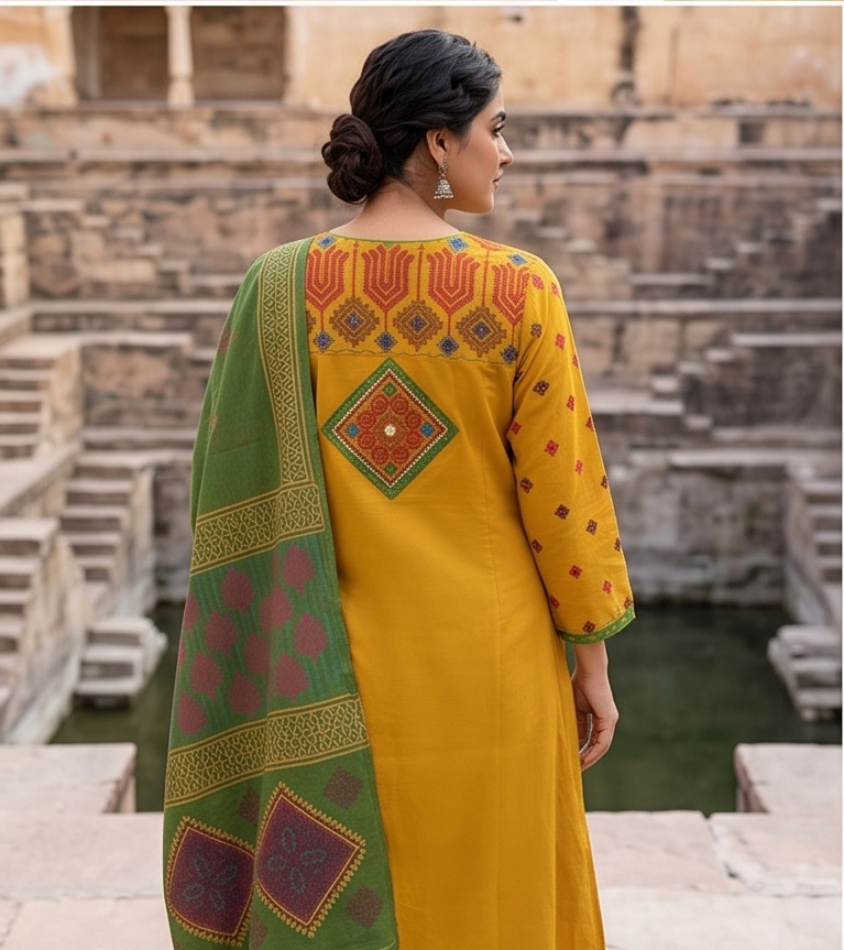 Square yoke with sleeve embroidery and green dupatta