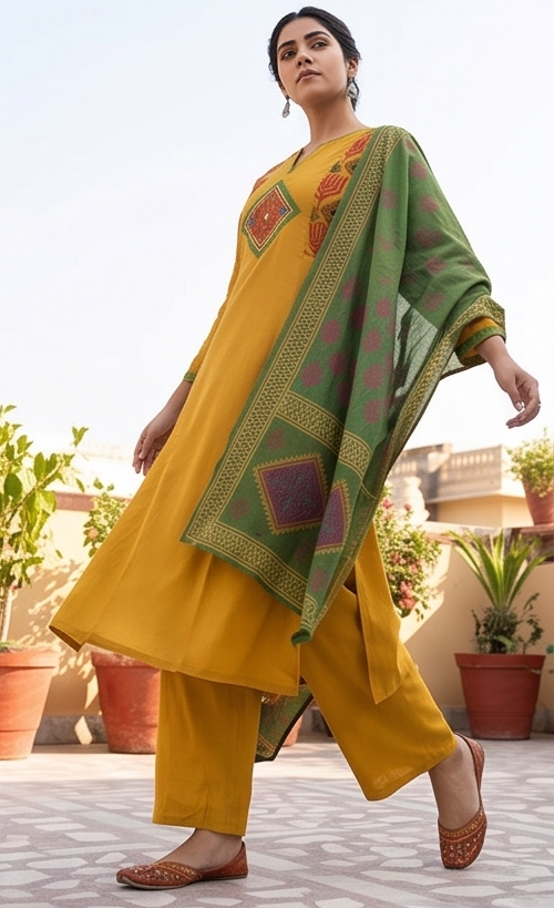 Square yoke with sleeve embroidery and green dupatta