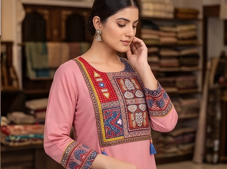 Maroon yoke aline kurta with blue dupatta