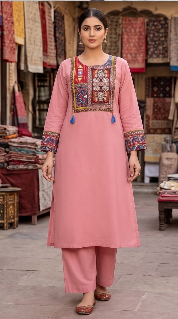 Maroon yoke aline kurta with blue dupatta